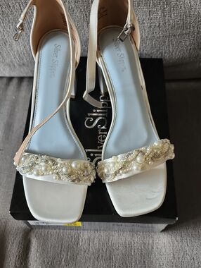 Women's Ivory Pearl-Beaded Ankle Strap Sandals